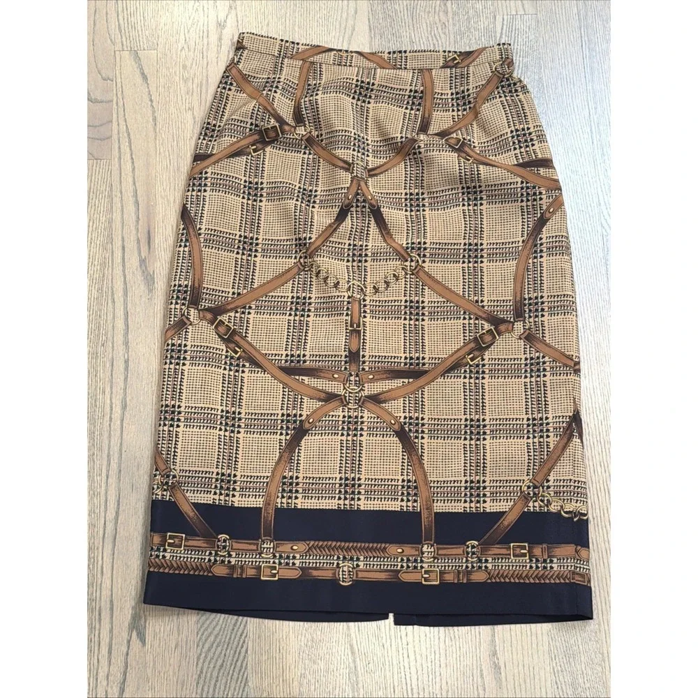 Vintage Koret Skirt Size 12 12P Equestrian Print Horses Bridle Bit Plaid